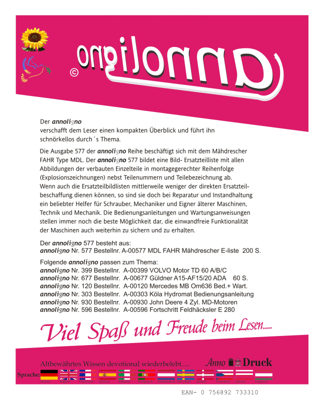 Fahr Mähdrescher Typ MDL - Bild- Ersatzteilliste mit Explosionszeichnungen - annoligno 577